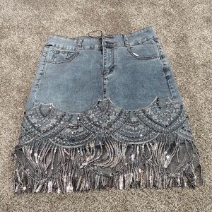 Stylish Denim Mini Skirt with Fringe Details